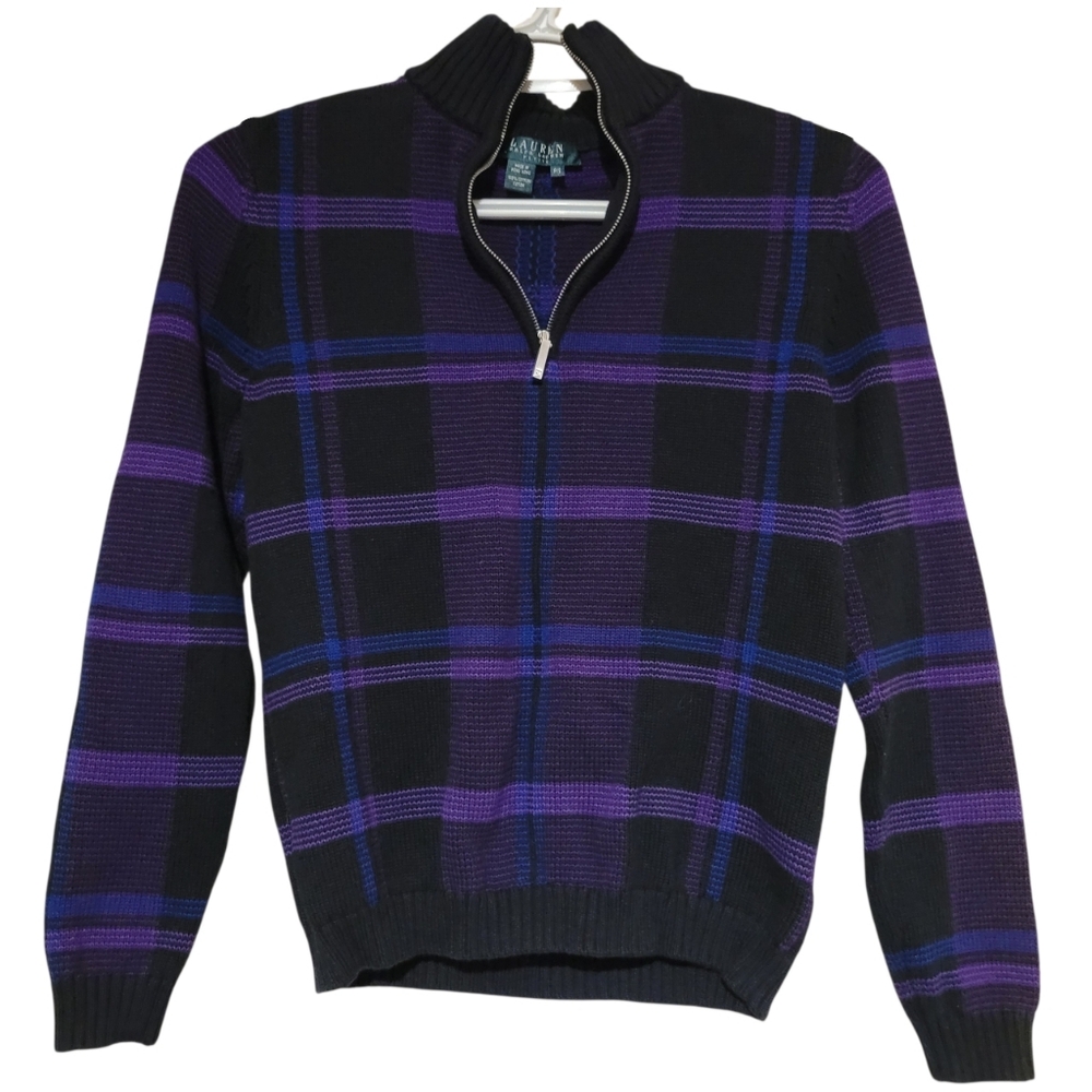 Lauren Ralph Lauren Black & Purple Quarter Zip Sweater 100% Cotton Petite Small